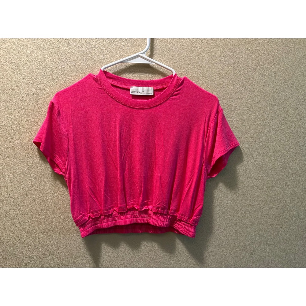 Zenana Womens Hot Pink Smocked Hem Crop Top RT-8561BA5 Neon Pink Short Sleeve M